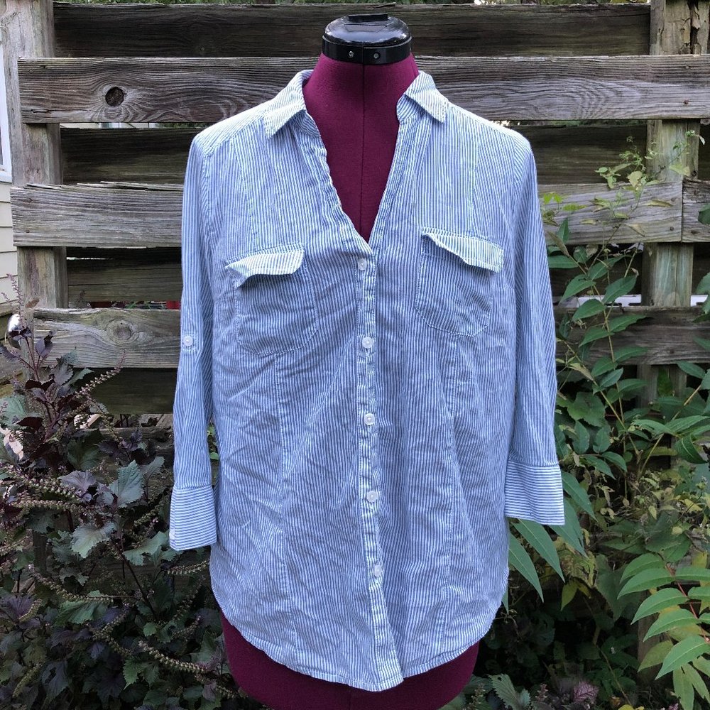 Forever21 Blue & White Stripe Long Sleeve Shirt